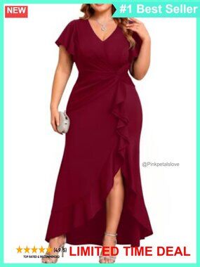 Plus Size Formal Dress V Neck Twist Ruffled High Slit Evening Gown